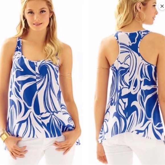 Lilly Pulitzer Blue White Malie Silk Top, Windsufer Engineered - L - Picture 1 of 7